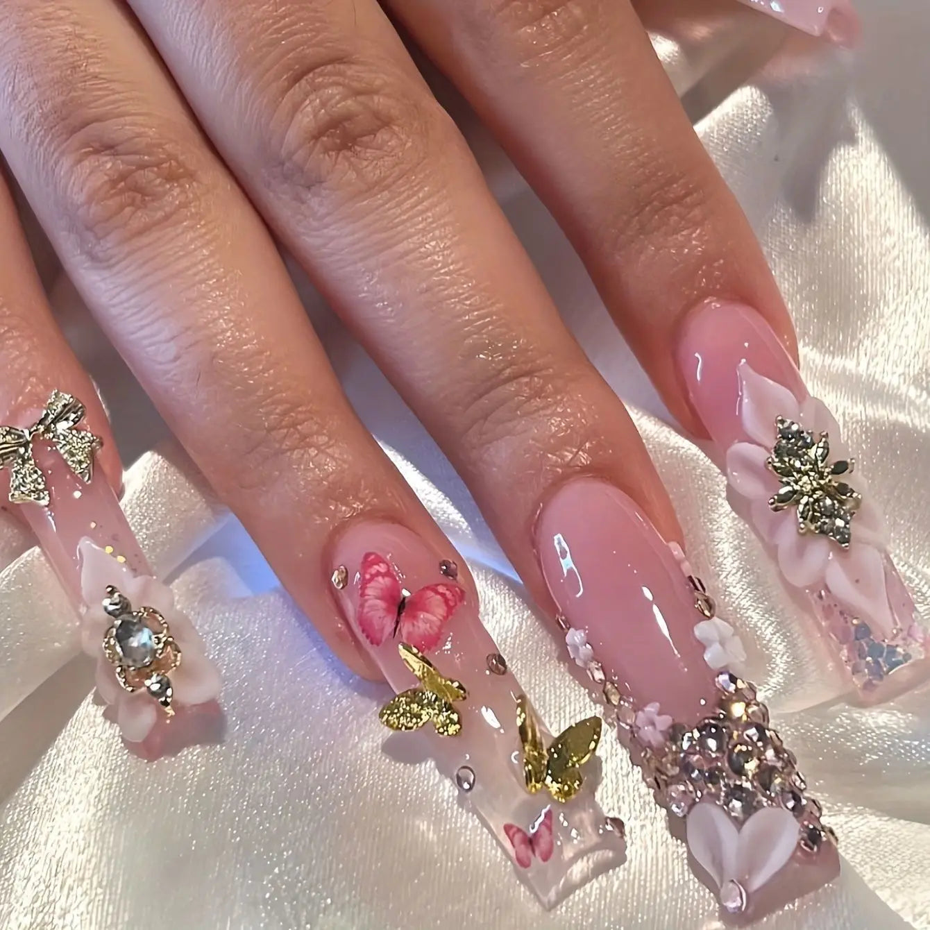 24Pcs Leopard Print Design False Nails with Bow Rhinestone Long Square Press on Nails Wearable French Ballet Fake Nail Tips