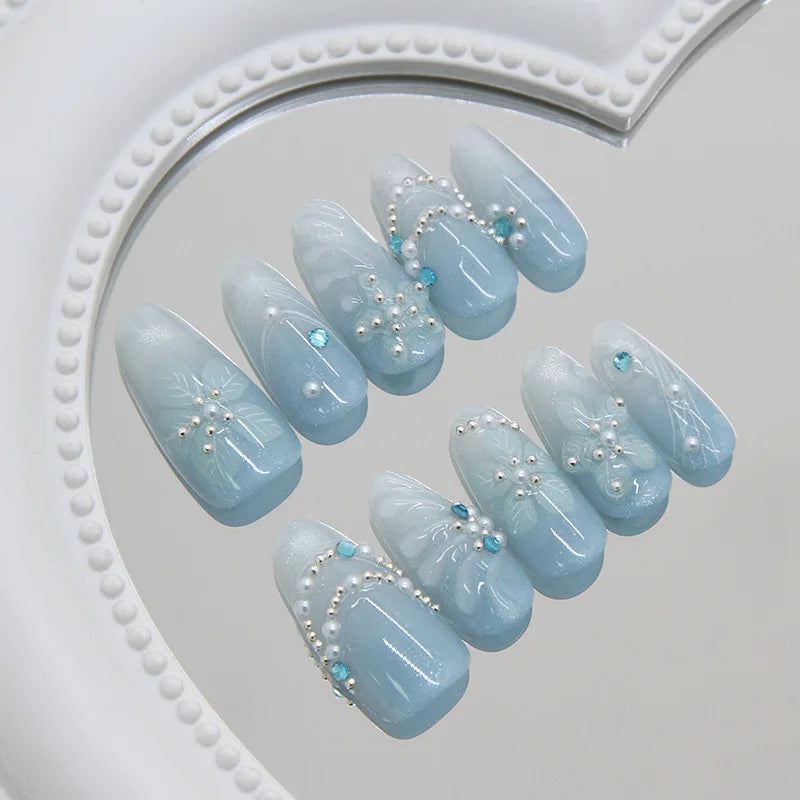 24pcs 3D Cat Eye Blue Gradient Misty Shiny Ice Clear Floral Pearl Press On Nails Glossy Dreamy Sparkling Ins European Luxury Trend Handmade Finished False Nail Patches Skin Brightening Reusable Removable Comfort Fit Manicure
