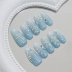 24PCS Blue Cat Eye Press-On Nails | 3D Floral Pearl Glossy