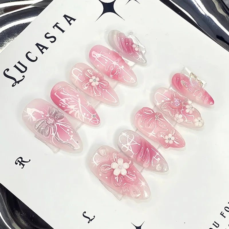 24pcs 3D Cat Eye Ice Flower Smudge Aura Butterfly Press On Nails Sweet Versatile Glossy Shimmer Ins European Trend Handmade Exquisite Finished False Nail Patches Skin Bright Reusable Removable Comfort Manicure Tips For Daily