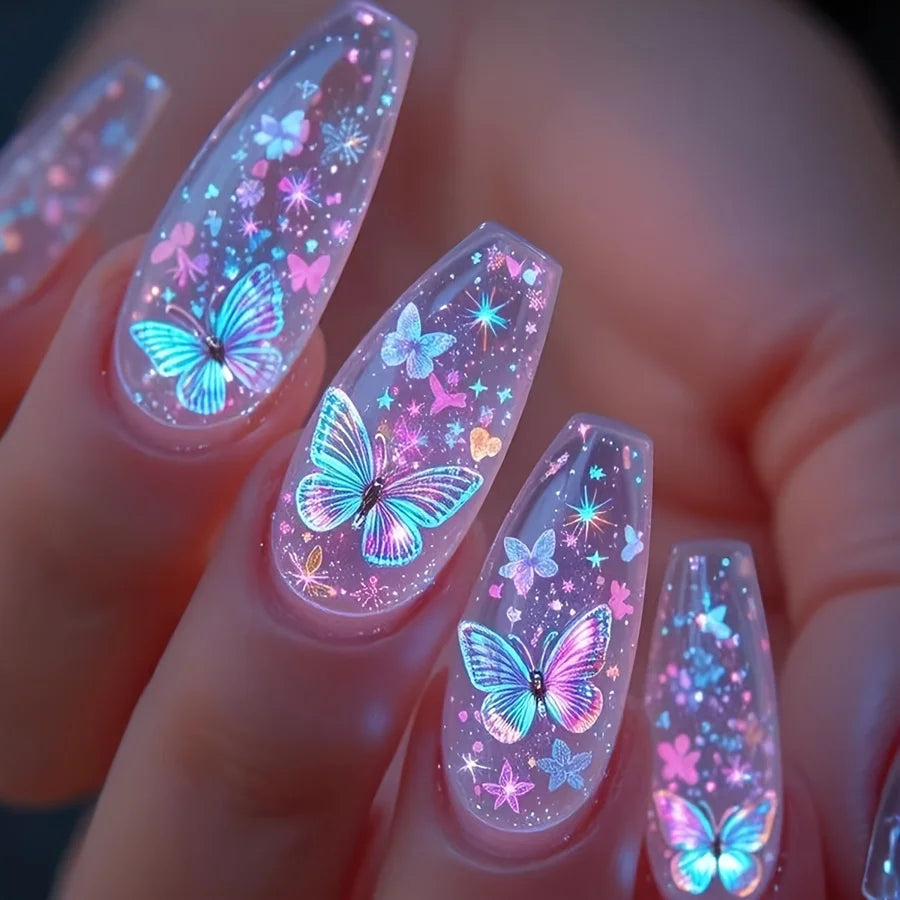 [24pcs Press-On Nails] Mid-Length Transparent Multicolor Butterfly Glossy 24pcs Press-On Nails Removable Nail Stickers Convenien