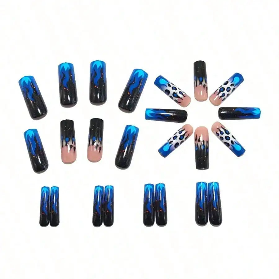 24PCS Y2K Blue Black Flame Fake Acrylic Nails Press On Nails for Women Leopard Print Glitter Long Coffin Nails Punk Party Cosplay Manicure ﻿Non-Brand