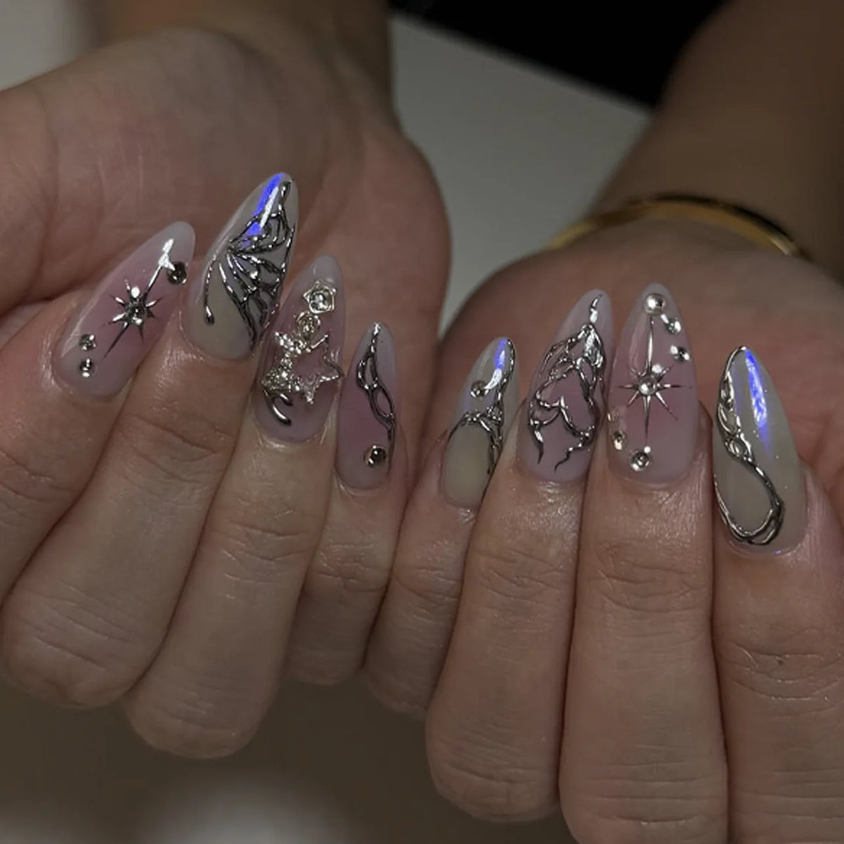 24pc Halloween Press On Nails, Silver Spider Gothic Almond Tips