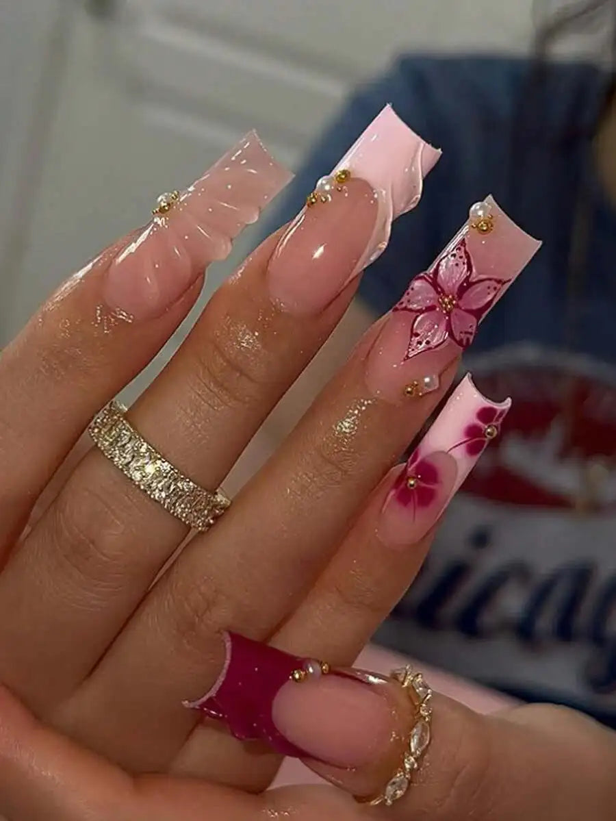 3D Pink Flower Press-On Nails with Golden Beads, Wavy Design for Women, Daily & Party Use