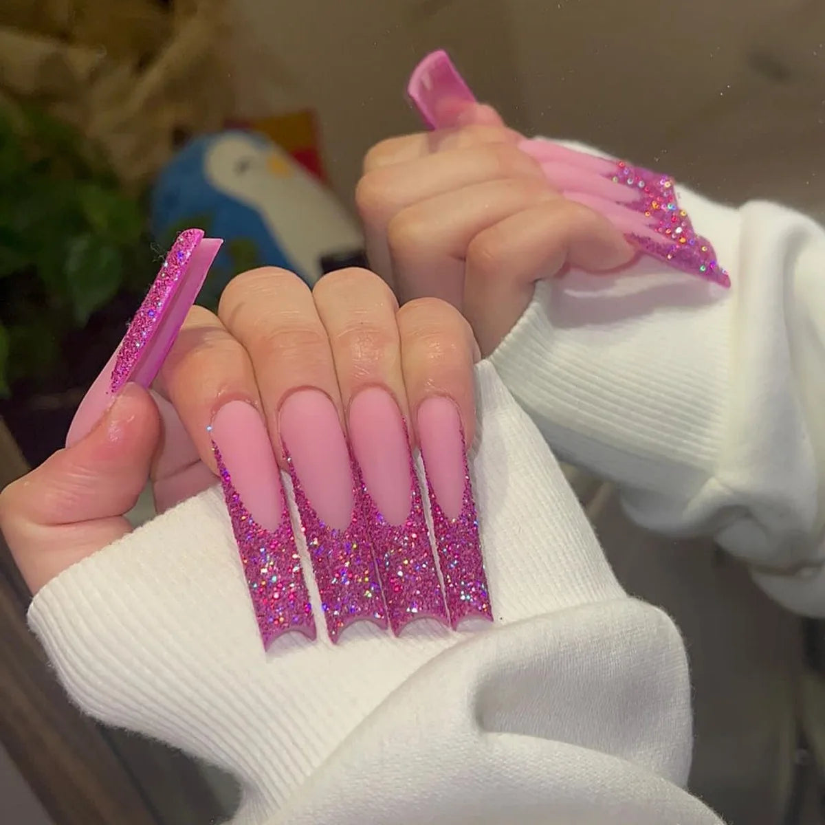 24Pcs Leopard Print Design False Nails with Bow Rhinestone Long Square Press on Nails Wearable French Ballet Fake Nail Tips