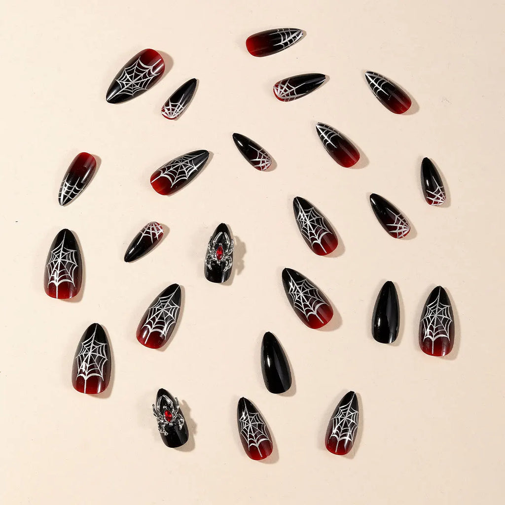 24pc Halloween Press On Nails, Silver Spider Gothic Almond Tips