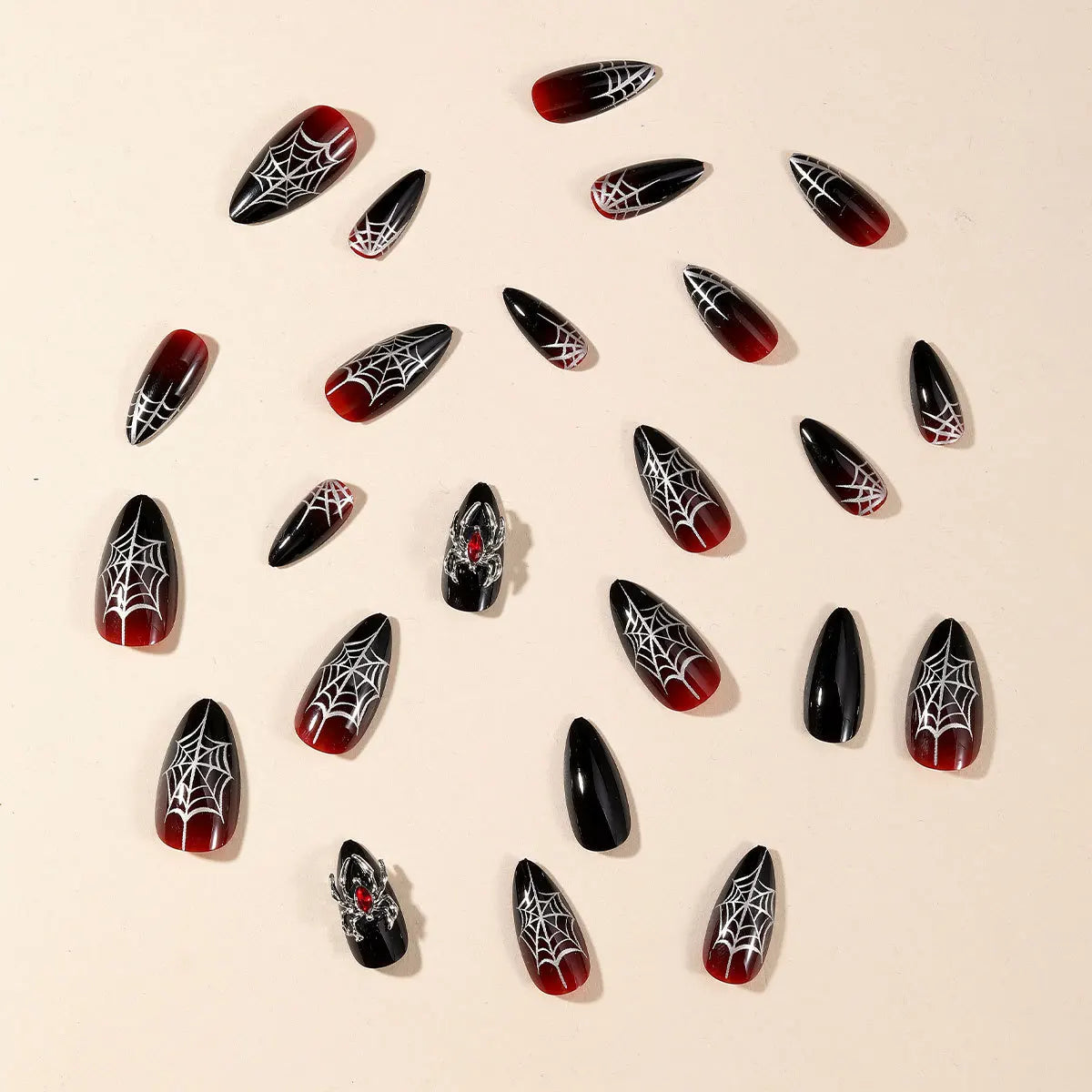24pc Halloween Press On Nails, Silver Spider Gothic Almond Tips