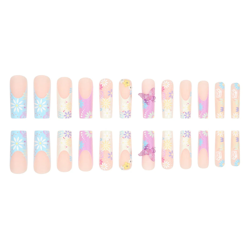 24Pcs Fake Acrylic Nails European and American wearing nail blue French wearing nail art 3D butterfly nail patch, anniversary gift, perfect gift for women, birthday gift, holiday gift Non-Brand