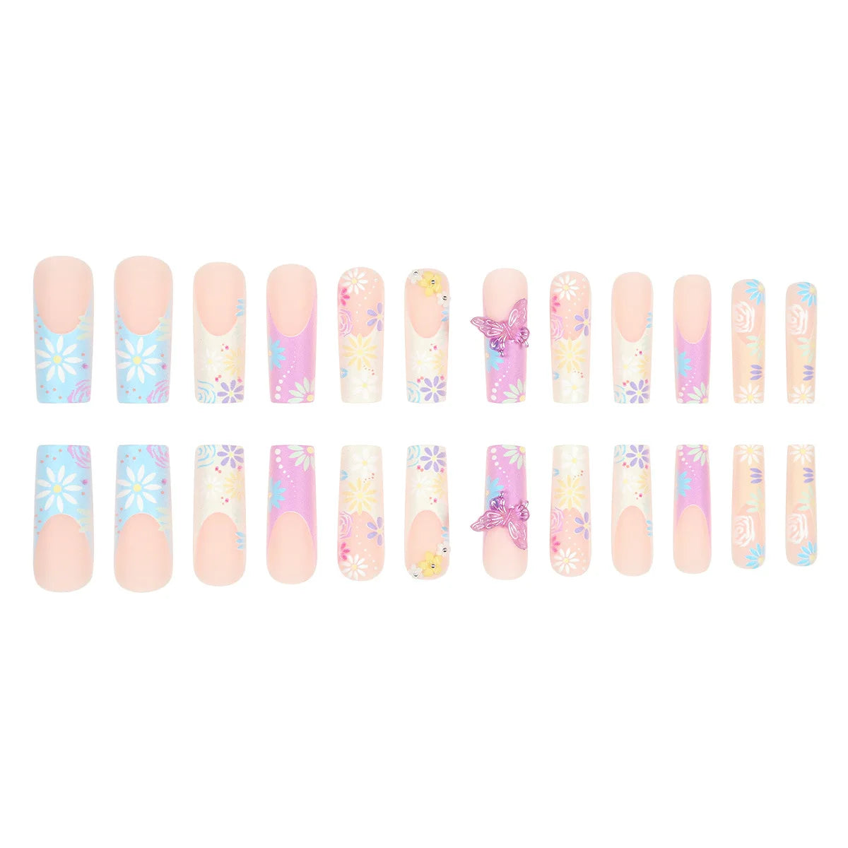 24Pcs Fake Acrylic Nails European and American wearing nail blue French wearing nail art 3D butterfly nail patch, anniversary gift, perfect gift for women, birthday gift, holiday gift Non-Brand
