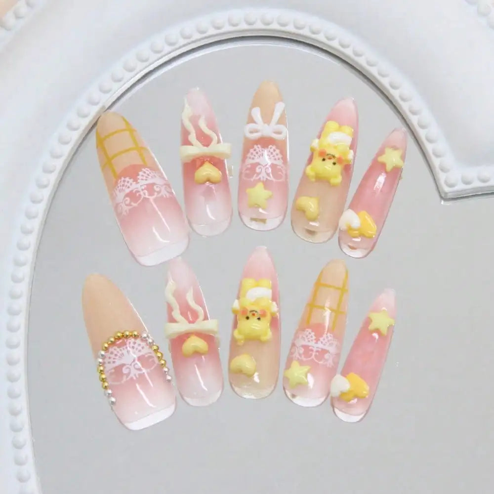 24Pcs Cute Bear Long Stiletto 3D Bear Star Nude Pink Press On Nails Sweet Lolita Manicure