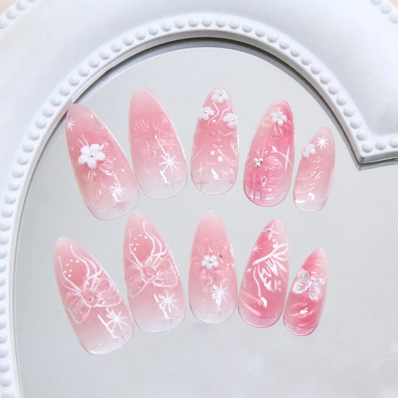 24pcs 3D Cat Eye Ice Flower Smudge Aura Butterfly Press On Nails Sweet Versatile Glossy Shimmer Ins European Trend Handmade Exquisite Finished False Nail Patches Skin Bright Reusable Removable Comfort Manicure Tips For Daily