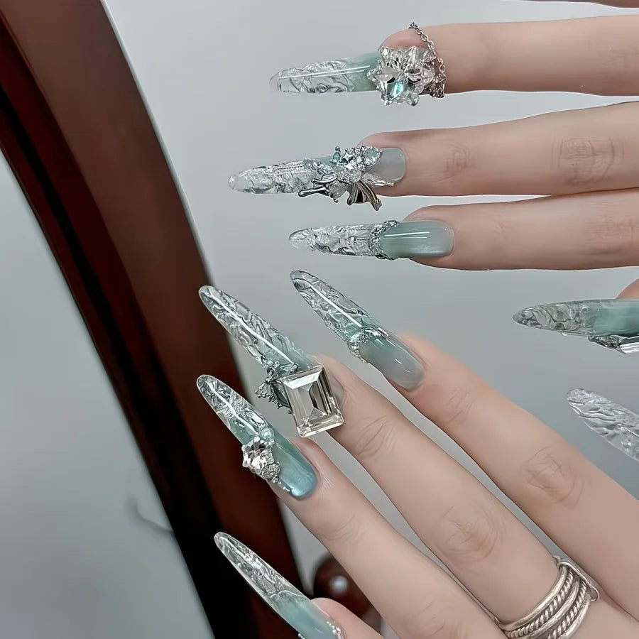 10pcs/Purely Handmade Adorned Nails【Spring Mountain Cold Moon】High-end, Light Luxury Atmosphere, Pure and Ethereal, Clear and Transparent Nail Art, Purely Handmade Adorned Nails, Reusable False Nails, Suitable for Holiday