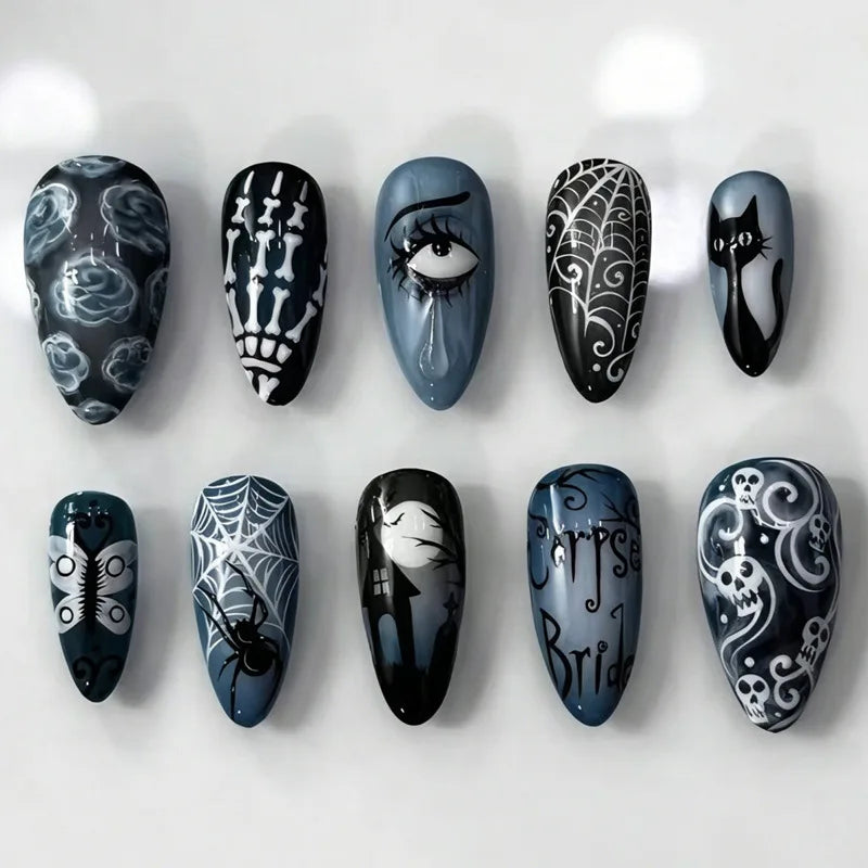 24pc Halloween Press On Nails, Silver Spider Gothic Almond Tips