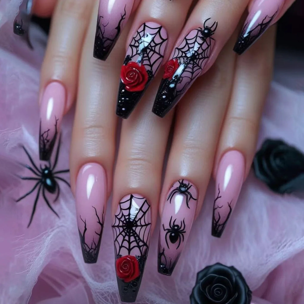 24pc Halloween Press On Nails, Silver Spider Gothic Almond Tips