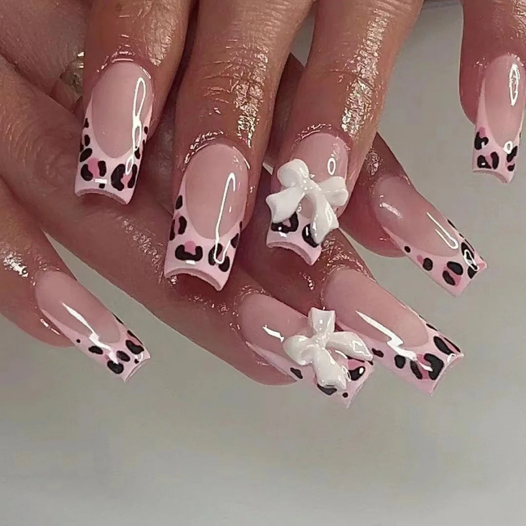 24Pcs Leopard Print Design False Nails with Bow Rhinestone Long Square Press on Nails Wearable French Ballet Fake Nail Tips