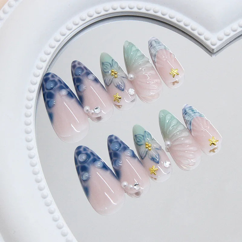 24pcs 3D Retro Blue Bubble Rhinestone Pearl Gradient Starfish Press On Nails Elegant Temperament Glossy Ins European Luxury Trend Handmade Exquisite Finished False Nail Patches Skin Bright Reusable Removable Comfort Manicure