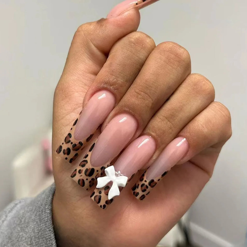 24Pcs Leopard Print Design False Nails with Bow Rhinestone Long Square Press on Nails Wearable French Ballet Fake Nail Tips