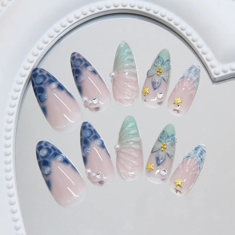24pcs 3D Retro Blue Bubble Rhinestone Pearl Gradient Starfish Press On Nails Elegant Temperament Glossy Ins European Luxury Trend Handmade Exquisite Finished False Nail Patches Skin Bright Reusable Removable Comfort Manicure