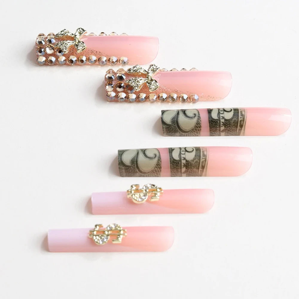24pcs long square Press on Nails wealth decora French 3D Bow rhinestone Pink Fake Nails Cute Long Nail Art wearable detachable