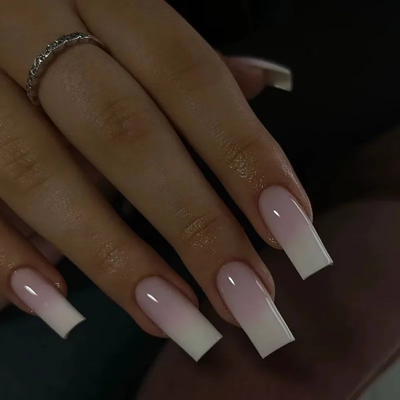 24 PCs Pink Long French Gradient Minimalist Nails with 1 Jelly Gel