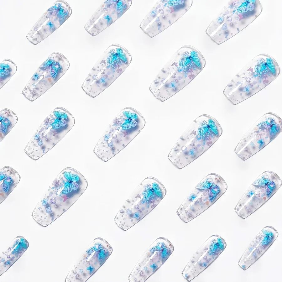 [24pcs Press-On Nails] Mid-Length Transparent Multicolor Butterfly Glossy 24pcs Press-On Nails Removable Nail Stickers Convenien