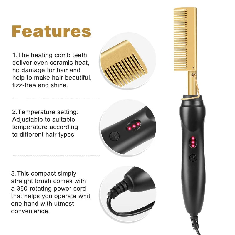 Electric Hot Comb & Straightening Brush – Wet/Dry Hair Styling Tool