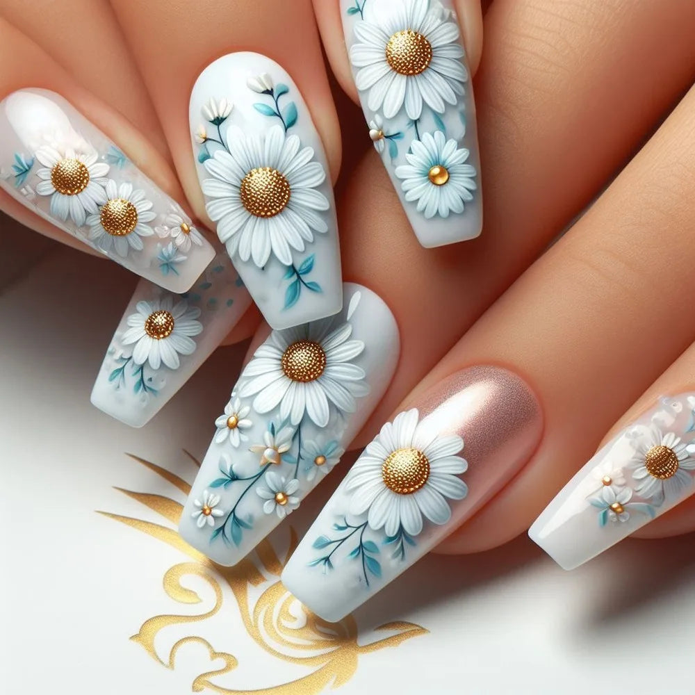 24pcs Mid-length Ballet Fake Acrylic Nails Flower Design Stick on Fake Nail Fashion Square Blue Artifical Wearable Press on Nails Tips Non-Brands