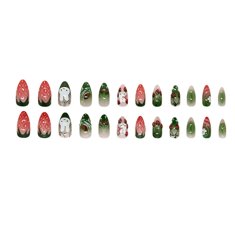 24pcs Ice Transparent 3D Strawberry Rabbit Floral Smudge Gradient Press On Nails Glossy Sweet Cute Ins Korean European Trend Style Handmade Soft Gentle Finished False Nail Patches Skin Flattering Reusable Removable Comfort Ma