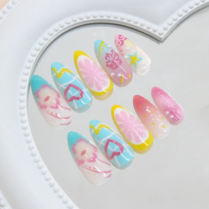 24pcs 3D Summer Fresh Fruit Party Graffiti Heart Plaid Floral European Ins Press On Nails Cute Vibrant Removable Reusable False Nail Patches All Match Beach Daily Dating Holiday Manicure