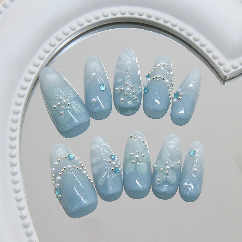 24pcs 3D Cat Eye Blue Gradient Misty Shiny Ice Clear Floral Pearl Press On Nails Glossy Dreamy Sparkling Ins European Luxury Trend Handmade Finished False Nail Patches Skin Brightening Reusable Removable Comfort Fit Manicure