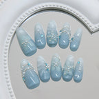 24PCS Blue Cat Eye Press-On Nails | 3D Floral Pearl Glossy