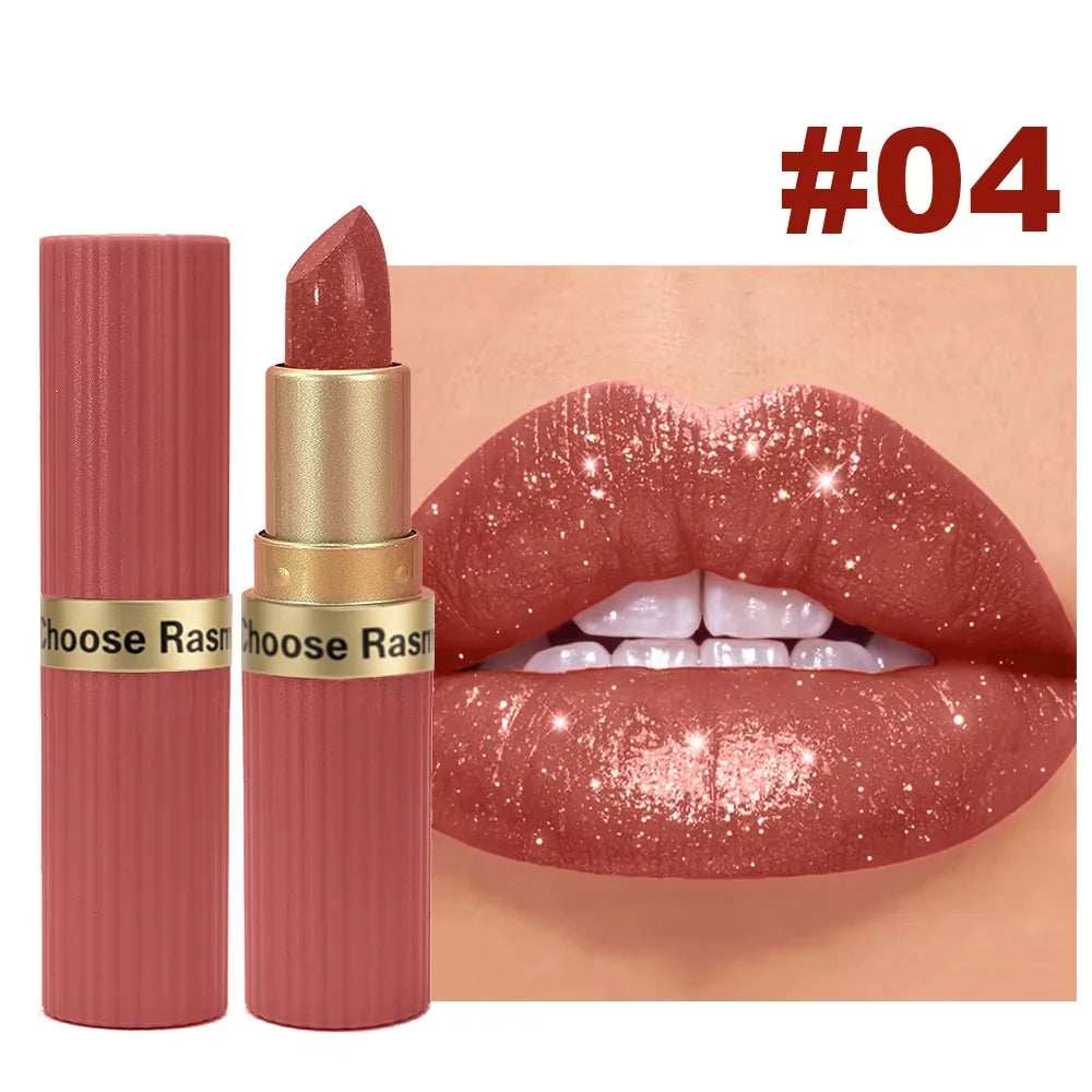 Pearlescent Pink Glitter Velvet Lipstick Metallic Waterproof Long Lasting Matte