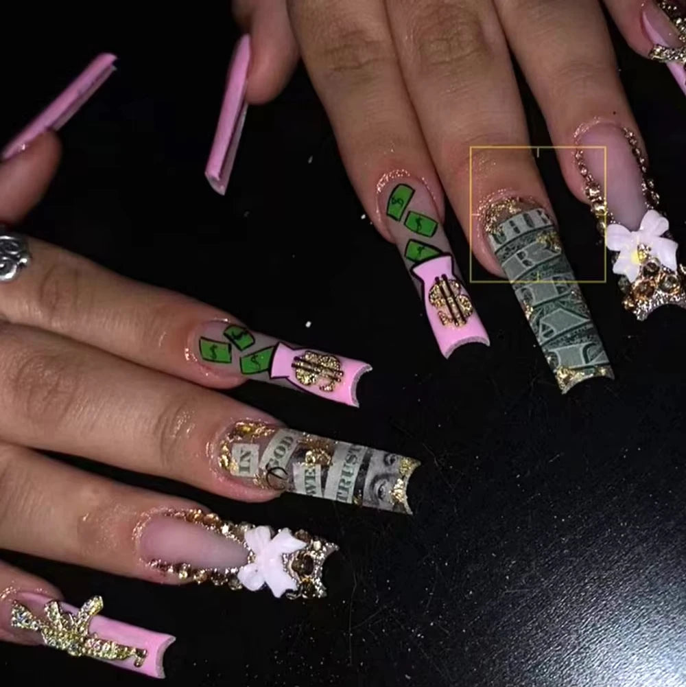 24pcs long square Press on Nails wealth decora French 3D Bow rhinestone Pink Fake Nails Cute Long Nail Art wearable detachable