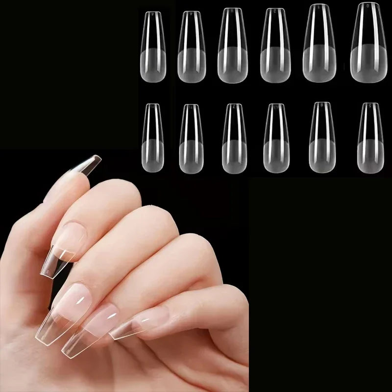 Long Taper Coffin Clear Nail Tips 12 Sizes Full Cover Half Matte Base Acrylic False Nails Storage Box Reusable Soft ABS Nail Extension Tips For Salon DIY Manicure