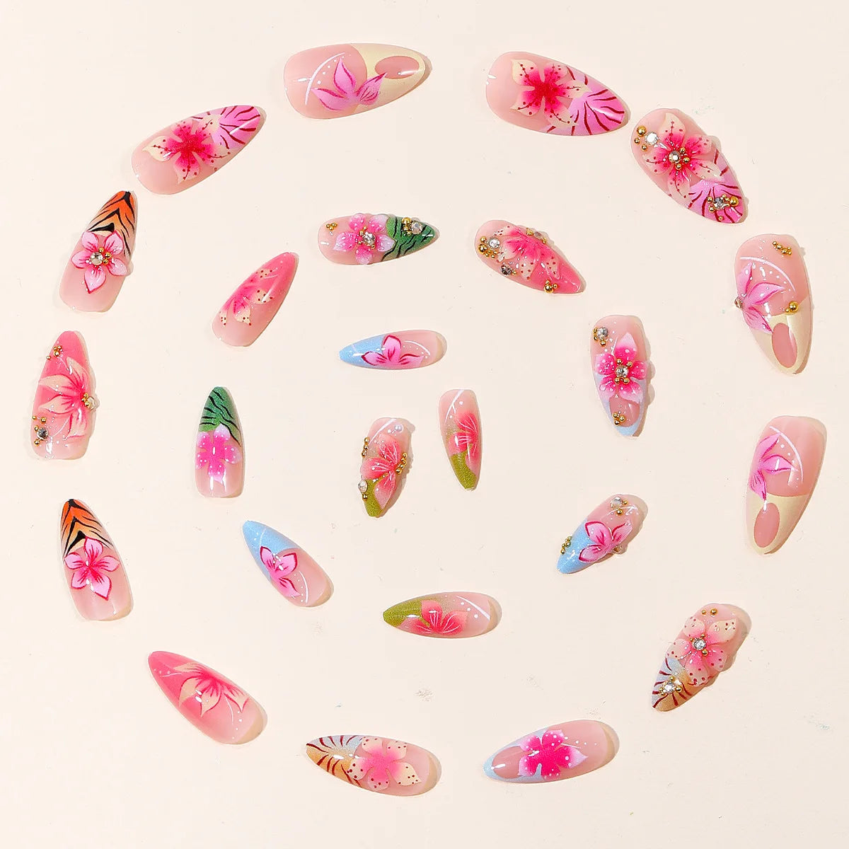 24Pcs fake nail art, light luxury style, 3D 3D drip glue flower steel ball, anniversary gift, perfect gift for women, birthday gift, holiday gift