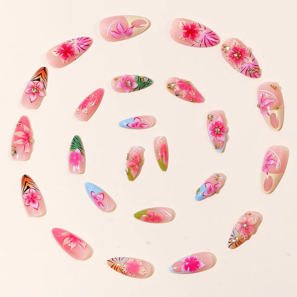 24Pcs fake nail art, light luxury style, 3D 3D drip glue flower steel ball, anniversary gift, perfect gift for women, birthday gift, holiday gift