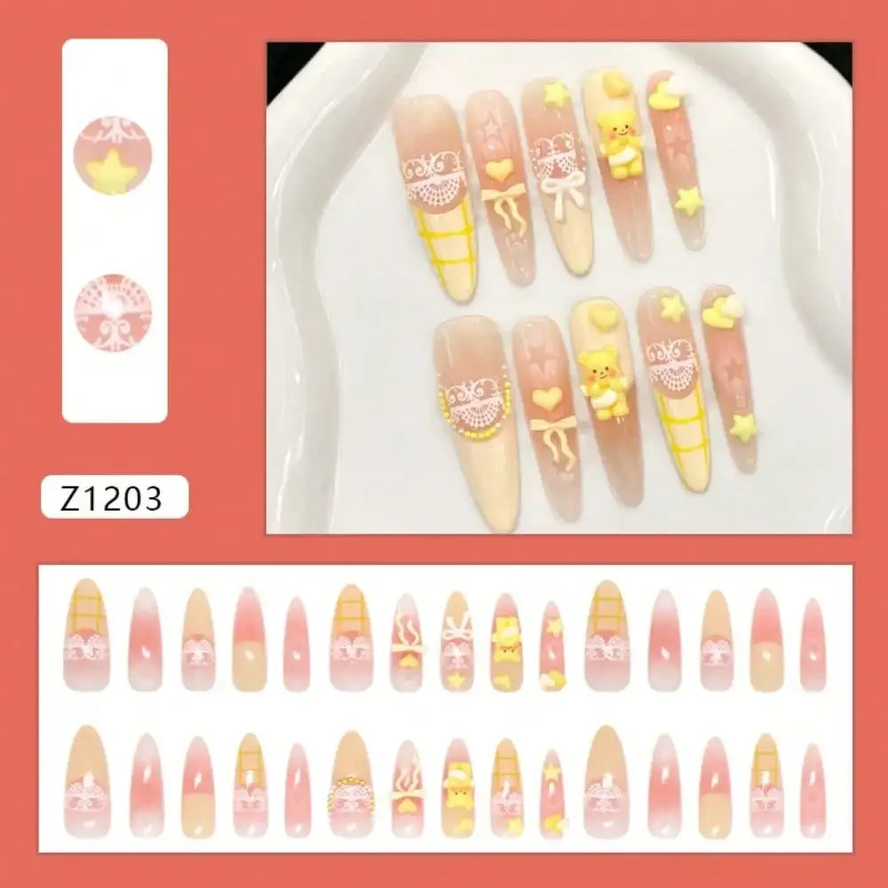 24Pcs Cute Bear Long Stiletto 3D Bear Star Nude Pink Press On Nails Sweet Lolita Manicure