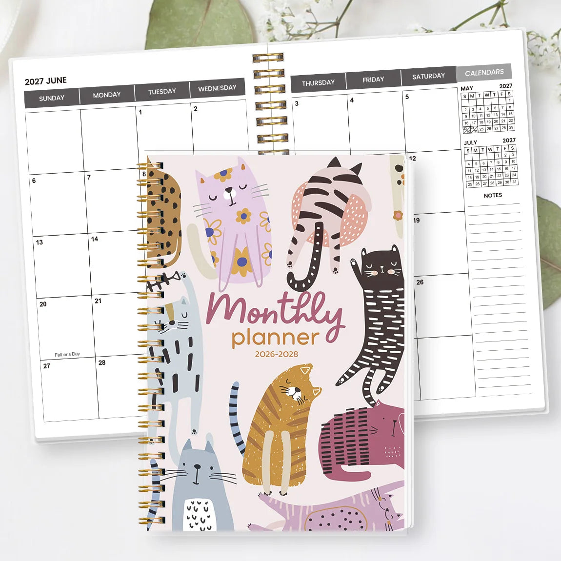 2026 2028 A5 Monthly Planner, Gold Spiral Cat Cover Organizer