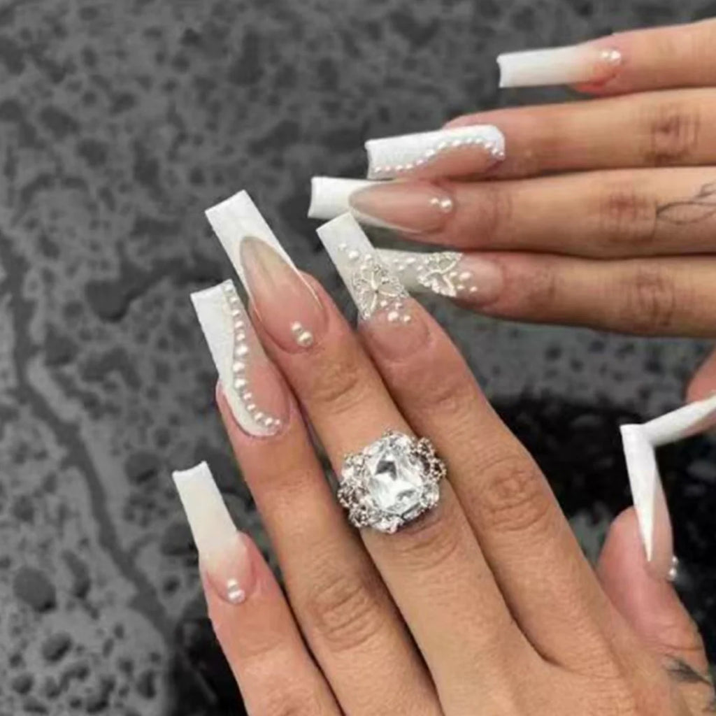 24Pcs Leopard Print Design False Nails with Bow Rhinestone Long Square Press on Nails Wearable French Ballet Fake Nail Tips