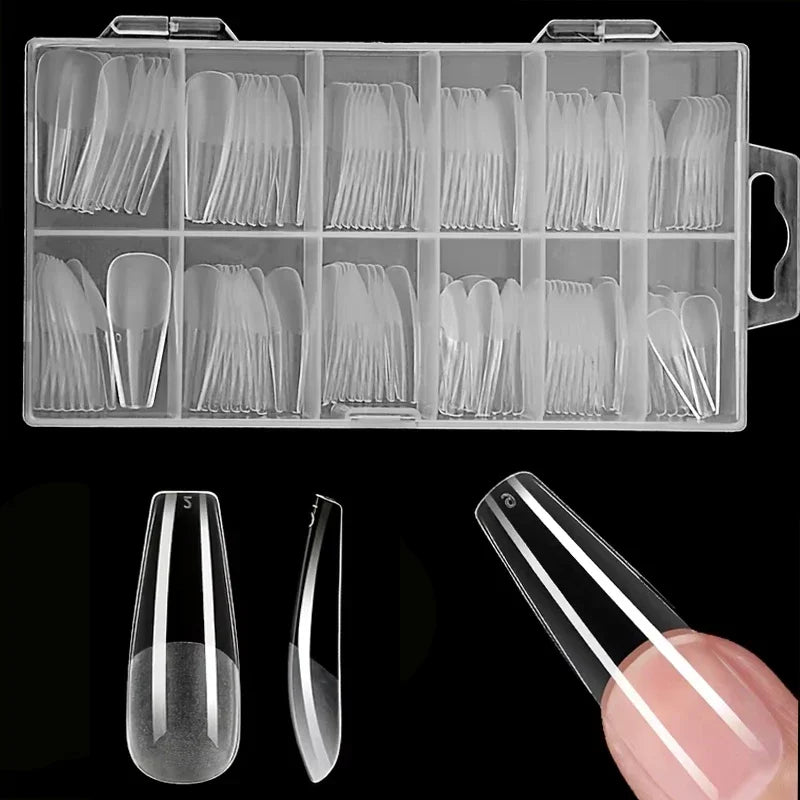 Long Taper Coffin Clear Nail Tips 12 Sizes Full Cover Half Matte Base Acrylic False Nails Storage Box Reusable Soft ABS Nail Extension Tips For Salon DIY Manicure