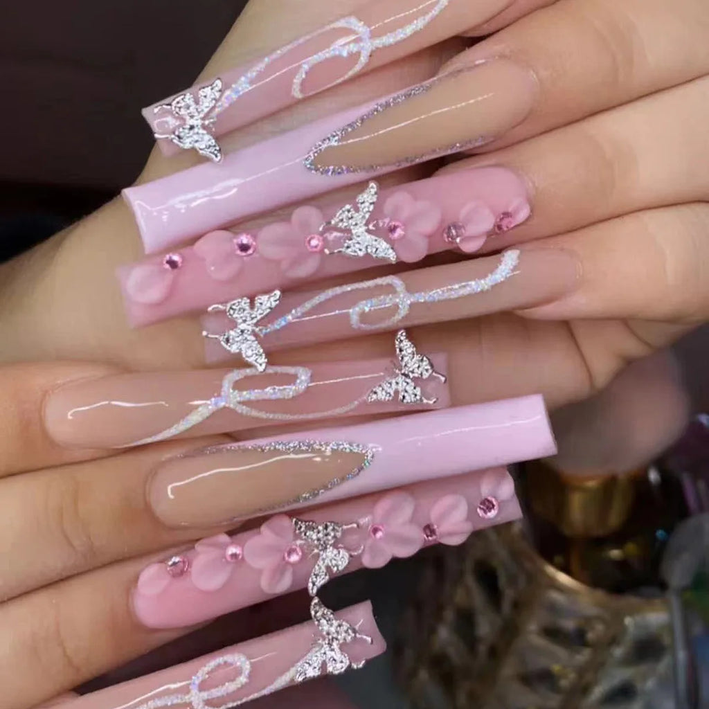 24Pcs Leopard Print Design False Nails with Bow Rhinestone Long Square Press on Nails Wearable French Ballet Fake Nail Tips