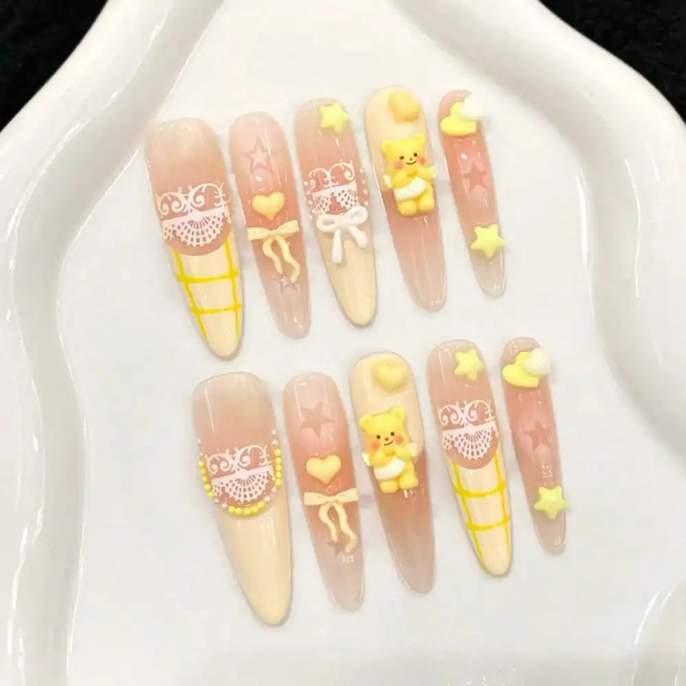 24Pcs Cute Bear Long Stiletto 3D Bear Star Nude Pink Press On Nails Sweet Lolita Manicure