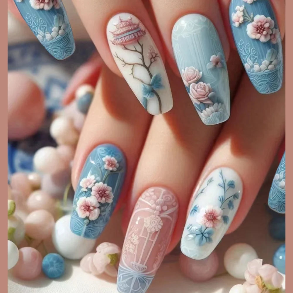 24pcs Mid-length Ballet Fake Acrylic Nails Flower Design Stick on Fake Nail Fashion Square Blue Artifical Wearable Press on Nails Tips Non-Brands