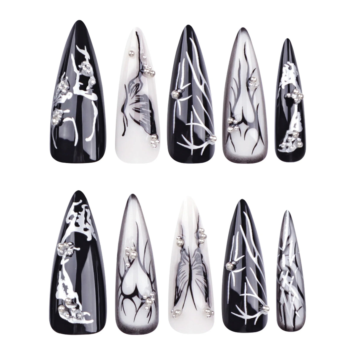 24pc Halloween Press-On Nails Black Y2K Butterfly Diamond Long Almond Tips