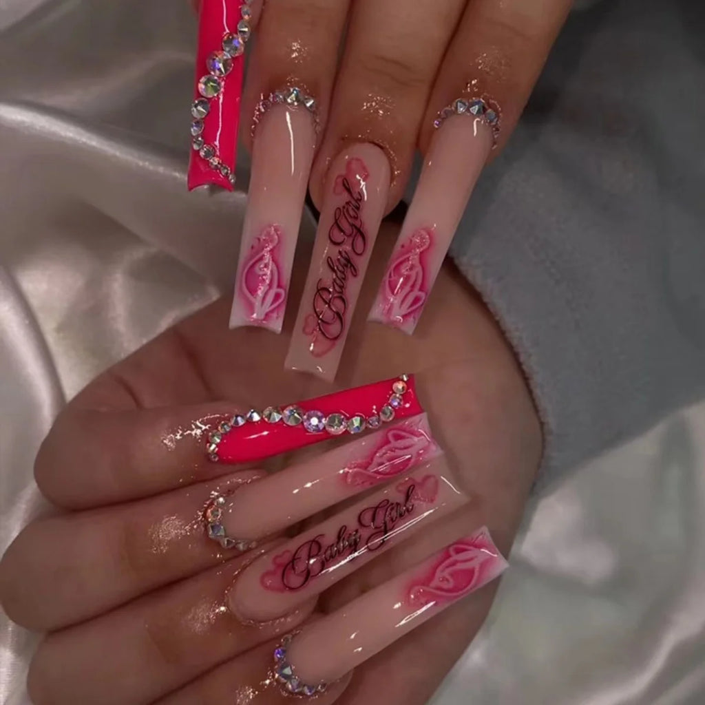 24Pcs Leopard Print Design False Nails with Bow Rhinestone Long Square Press on Nails Wearable French Ballet Fake Nail Tips