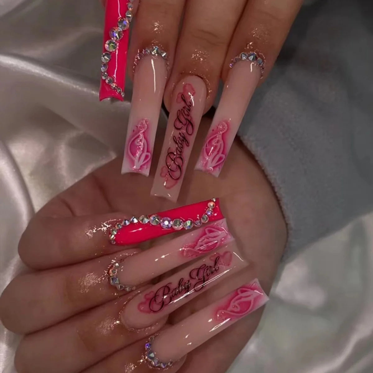 24Pcs Leopard Print Design False Nails with Bow Rhinestone Long Square Press on Nails Wearable French Ballet Fake Nail Tips