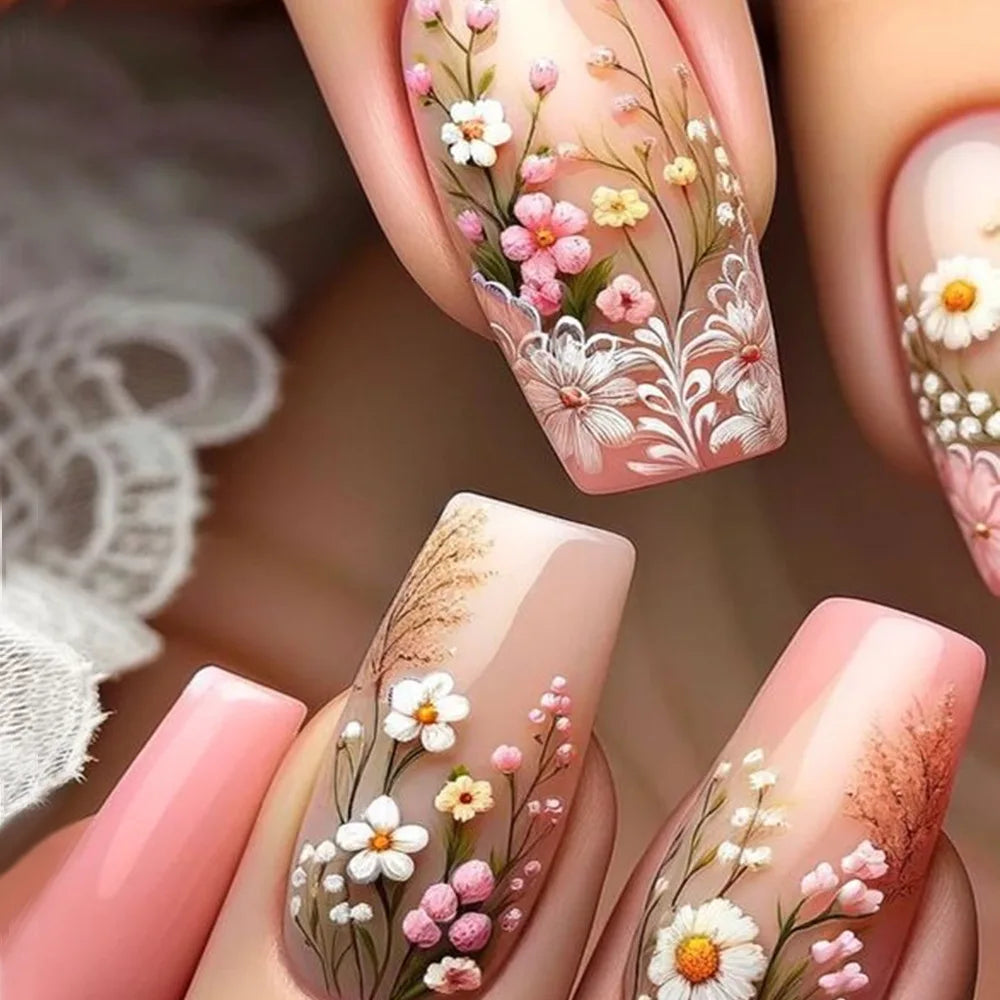 24pcs Mid-length Ballet Fake Acrylic Nails Flower Design Stick on Fake Nail Fashion Square Blue Artifical Wearable Press on Nails Tips Non-Brands