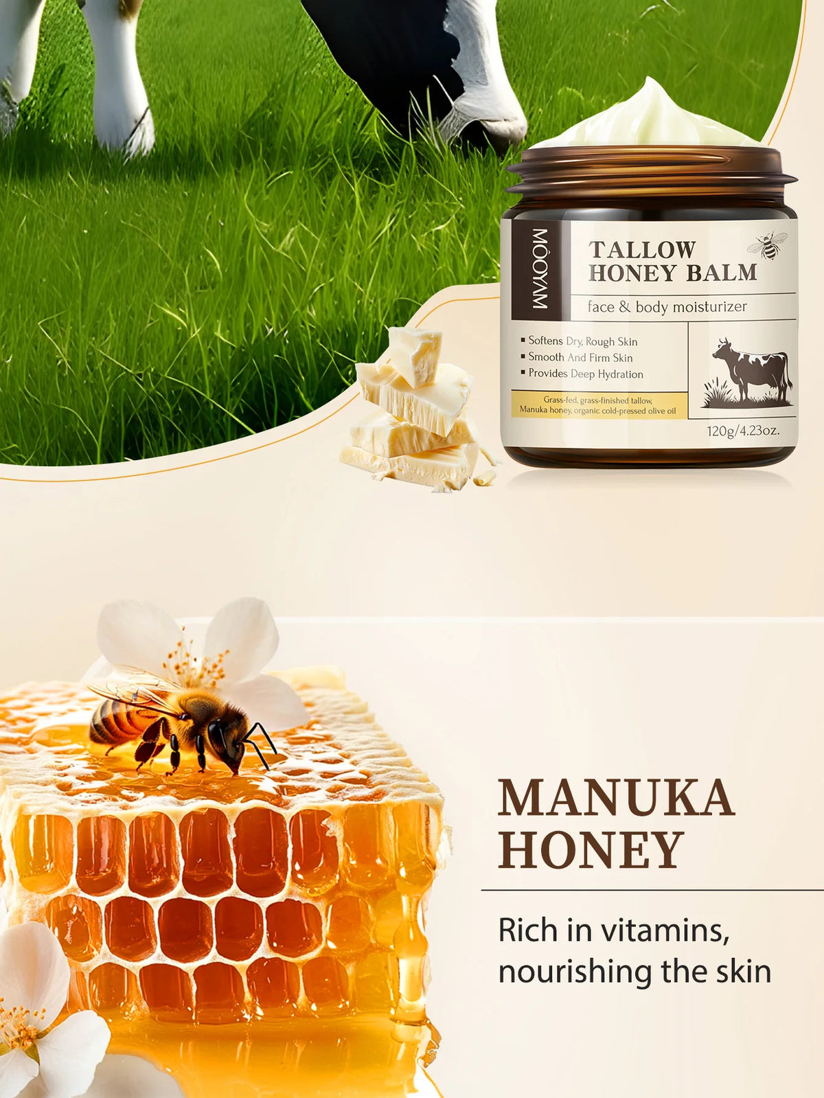Grass-Fed Beef Tallow & Wild Honey Face + Body Cream – 120g