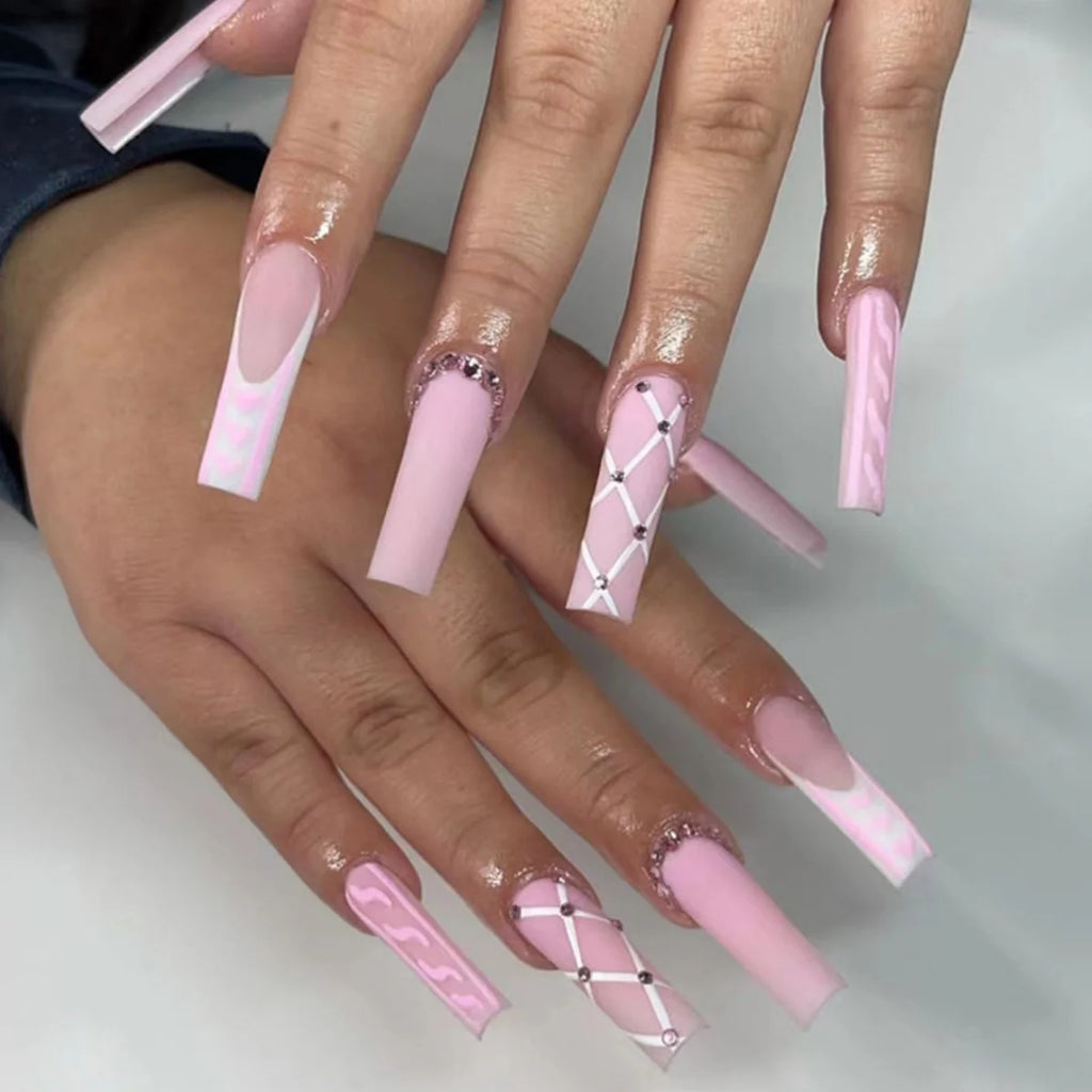 24Pcs Leopard Print Design False Nails with Bow Rhinestone Long Square Press on Nails Wearable French Ballet Fake Nail Tips