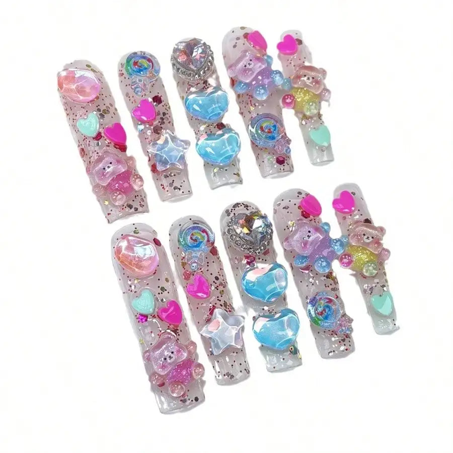 Cute 3D Bear-Themed Nail Art Stickers With Medium-Length European And American Style, Featuring Glittery, Translucent, And Handmade Detachable False Nails.
